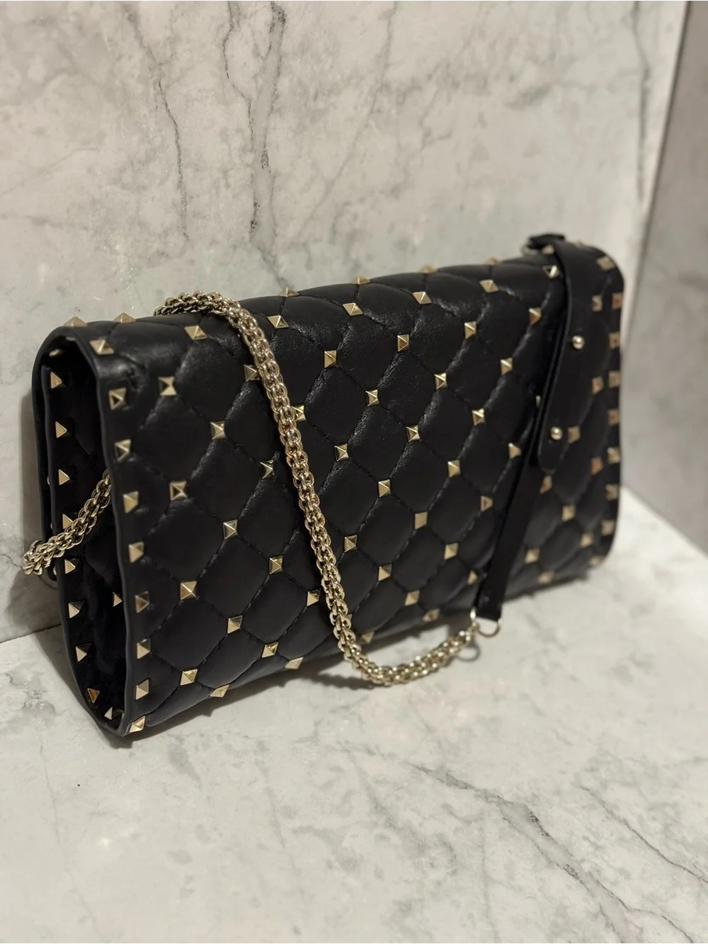 Valentino Garavani Black Quilted Studded Clutch - chain with Gold Hardware